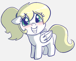 Size: 772x623 | Tagged: safe, artist:heretichesh, oc, oc only, oc:luftkrieg, pegasus, pony, aryan, blushing, female, filly, floppy ears, gray background, hairband, happy, looking at you, nazipone, simple background, smiling, solo