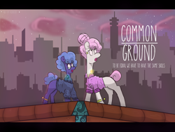 Size: 1600x1200 | Tagged: safe, artist:azulejo, princess celestia, princess luna, earth pony, pony, fanfic:common ground, g4, city, cover, cutie mark, fanfic, fanfic art, fanfic cover, female, nerd, sunset, surprised, text