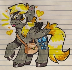 Size: 1280x1251 | Tagged: safe, artist:raystarkitty, derpy hooves, pegasus, pony, g4, :p, female, floating heart, heart, lined paper, mailbag, mare, shoulder bag, solo, tongue out, traditional art, unshorn fetlocks