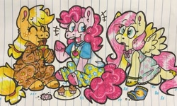 Size: 1280x767 | Tagged: safe, artist:raystarkitty, applejack, fluttershy, pinkie pie, earth pony, pegasus, pony, g4, clothes, cupcake, drink, drinking, drinking straw, female, food, lined paper, nightgown, pajamas, sitting, sleepover, slumber party, snacks, traditional art, trio