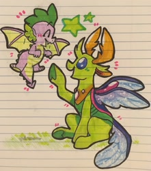 Size: 1132x1280 | Tagged: safe, artist:raystarkitty, spike, thorax, changedling, changeling, dragon, g4, cute, cuteling, duo, duo male, flying, king thorax, lined paper, male, smiling, spikabetes, thorabetes, traditional art, winged spike, wings