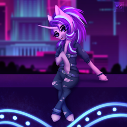 Size: 2156x2160 | Tagged: safe, artist:elektra-gertly, starlight glimmer, pony, unicorn, g4, alternate hairstyle, city, clothes, curved horn, edgelight glimmer, gameloft interpretation, goth, high res, horn, jeans, pants, ripped jeans, ripped pants, sitting, solo, torn clothes