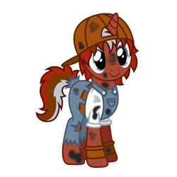 Size: 4500x4500 | Tagged: artist needed, safe, oc, oc only, oc:rust yards, pony, unicorn, backwards ballcap, baseball cap, cap, clothes, cute, dirty, female, grease monkey, hat, simple background, smiling, solo, stains, torn clothes, transparent background, vector