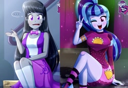 Size: 1572x1080 | Tagged: safe, artist:the-butch-x, edit, edited edit, octavia melody, sonata dusk, human, equestria girls, g4, blushing, butch's hello, clothes, collarbone, crossed legs, cute, dress, female, hello, legs, lesbian, long hair, minidress, peace sign, shipping fuel, skirt, sleeveless, socks, sonatabetes, taco dress, vest