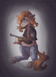 Size: 2500x3400 | Tagged: safe, artist:monnarcha, oc, oc only, oc:ritzy rumble, earth pony, pony, clothes, female, high res, jacket, mare, musical instrument, pants, solo, violin