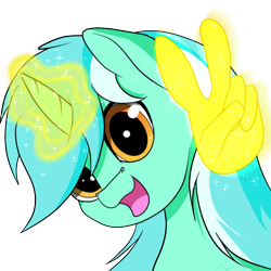 Size: 1000x1000 | Tagged: safe, artist:arcuswind, lyra heartstrings, pony, unicorn, g4, bust, female, glowing horn, hand, horn, looking at you, magic, magic hands, mare, open mouth, peace sign, portrait, simple background, smiling, solo, transparent background