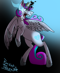 Size: 500x600 | Tagged: safe, artist:rocketthemouse, princess flurry heart, alicorn, pony, g4, black background, blue background, corrupted flurry heart, crying, dark magic, glowing horn, gray background, hoof shoes, horn, jewelry, magic, open mouth, simple background, solo, sombra eyes, teary eyes, tiara