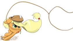 Size: 1024x576 | Tagged: safe, artist:arcuswind, applejack, earth pony, pony, g4, female, lasso, mare, mouth hold, rodeo, rope, simple background, solo, white background