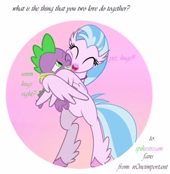 Size: 2975x3038 | Tagged: safe, silverstream, spike, classical hippogriff, dragon, hippogriff, g4, bipedal, boyfriend and girlfriend, eyes closed, female, grin, high res, hug, male, one eye closed, open mouth, open smile, ship:spikestream, shipping, smiling, straight, winghug