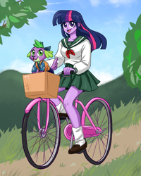 Size: 1024x1277 | Tagged: safe, artist:ameliacostanza, spike, twilight sparkle, dog, equestria girls, g4, anime, basket, bicycle, clothes, cloud, collaboration, cosplay, costume, crossover, cute, female, grass, inuyasha, kagome higurashi, male, open mouth, riding a bike, school uniform, schoolgirl, shippo, skirt
