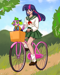 Size: 1024x1277 | Tagged: safe, artist:ameliacostanza, color edit, edit, editor:michaelsety, spike, twilight sparkle, dog, equestria girls, g4, 80's style, anime, anime style, basket, bicycle, clothes, cloud, collaboration, cosplay, costume, crossover, cute, female, grass, human coloration, inuyasha, kagome higurashi, light skin edit, male, open mouth, riding a bike, school uniform, schoolgirl, shippo, skin color edit, skirt
