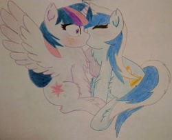 Size: 2239x1818 | Tagged: safe, artist:raindasher14, minuette, twilight sparkle, alicorn, pony, unicorn, g4, blushing, chest fluff, female, fluffy, hoof fluff, kiss on the lips, kissing, lesbian, photo, ship:twinuette, shipping, traditional art, twilight sparkle (alicorn)