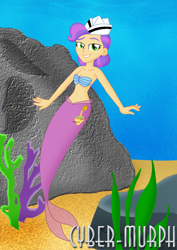 Size: 1536x2168 | Tagged: safe, artist:cyber-murph, tip top, mermaid, equestria girls, g4, my little pony equestria girls: better together, background human, belly, belly button, breasts, cleavage, coral, hat, mermaidized, midriff, rock, seaweed, signature, solo, species swap, underwater, waitress