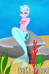 Size: 1196x1800 | Tagged: safe, artist:cyber-murph, sunny sugarsocks, mermaid, equestria girls, g4, my little pony equestria girls: better together, background human, breasts, cleavage, coral, hat, mermaidized, midriff, rock, seaweed, signature, solo, species swap, underwater, waitress