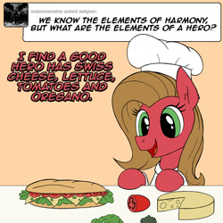 Size: 800x800 | Tagged: safe, artist:zoarvek, oc, oc only, oc:pun, pony, ask pun, ask, cheese, chef's hat, food, hat, herbivore, open mouth, open smile, sandwich, sliced cheese, smiling, solo, submarine sandwich, tomato