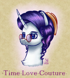 Size: 1800x2000 | Tagged: safe, artist:brilliant-luna, rarity, pony, unicorn, g4, alternate hairstyle, bust, chest fluff, female, glasses, portrait, solo, text