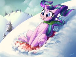 Size: 4000x3000 | Tagged: safe, artist:faline-art, starlight glimmer, pony, unicorn, clothes, cute, digital art, female, glimmerbetes, high res, hill, open mouth, scarf, scenery, sitting, sled, sledding, smiling, snow, solo, windswept mane, winter