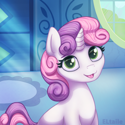 Size: 3000x3000 | Tagged: safe, artist:eltaile, sweetie belle, pony, unicorn, g4, broken window, carpet, crepuscular rays, cute, cutie mark crusaders, daaaaaaaaaaaw, diasweetes, female, high res, horn, indoors, looking at you, open mouth, sitting, solo, tongue out, window
