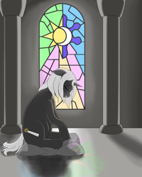 Size: 720x900 | Tagged: safe, artist:mistermech, oc, oc only, oc:psalm, pony, unicorn, fallout equestria, fallout equestria: project horizons, bowed head, candle, eyes closed, fanfic art, female, horn, mare, pillar, sad, solo, stained glass, unicorn oc