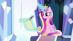 Size: 1280x720 | Tagged: safe, screencap, princess cadance, alicorn, pony, g4, the beginning of the end, female, letter, magic, mare, quill, solo, telekinesis