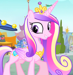 Size: 1462x1499 | Tagged: safe, screencap, princess cadance, alicorn, pony, g4, season 4, three's a crowd, background pony, cropped, fair, female, folded wings, grin, hat, mare, smiling, solo focus, star swirl the bearded costume, wings, wizard hat