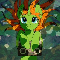 Size: 720x720 | Tagged: safe, artist:st. oni, oc, oc only, oc:arc pyre, pony, unicorn, animated, colored, flat colors, gif, grass, long hair, long hair male, lying down, male, music, nodding, on back, radio, solo, tree branch