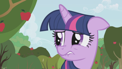 Size: 1920x1080 | Tagged: safe, screencap, twilight sparkle, pony, unicorn, applebuck season, g4, season 1, apple, apple tree, female, floppy ears, frown, lip bite, nose wrinkle, solo, tree, unicorn twilight