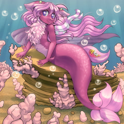 Size: 2000x2000 | Tagged: safe, artist:st. oni, oc, oc only, hybrid, mermaid, merpony, seapony (g4), anthro, bubble, chest fluff, cliff, clothes, commission, coral, crepuscular rays, dorsal fin, female, fish tail, flowing mane, high res, looking at you, lying down, mermaid tail, mermaidized, ocean, pale belly, rock, sand, scarf, smiling, solo, species swap, sunlight, tail, underwater, water, ych result