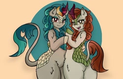 Size: 2048x1311 | Tagged: safe, alternate version, artist:canvymamamoo, autumn blaze, rain shine, kirin, semi-anthro, g4, arm hooves, belly button, bipedal, butt, circle background, cloven hooves, cute, cute little fangs, duo, ear fluff, fangs, female, looking at you, open mouth, plot, smiling, wide hips
