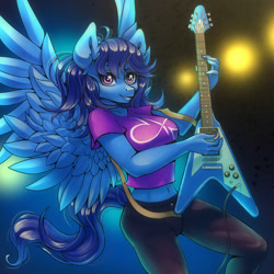 Size: 2000x2000 | Tagged: safe, artist:st. oni, oc, oc only, oc:anima, pegasus, anthro, belly button, blue, concert, devin townsend, female, guitar, high res, midriff, musical instrument, pegasus oc, performance, playing guitar, solo, spread wings, wings