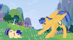 Size: 2216x1220 | Tagged: safe, artist:lightningarrow, flash sentry, oc, oc:lightning arrow, alicorn, pegasus, pony, g4, colt, father and child, father and son, learning to fly, like father like son, like parent like child, male, meadow, offspring, papa flash, parent:flash sentry, parent:twilight sparkle, parents:flashlight, stallion