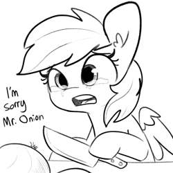 Size: 2368x2368 | Tagged: safe, artist:tjpones, rainbow dash, pegasus, pony, g4, black and white, crying, female, food, grayscale, high res, hoof hold, knife, mare, monochrome, onion, simple background, solo, teary eyes, tjpones is trying to murder us, white background