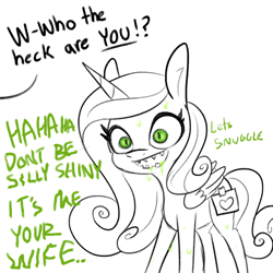 Size: 2368x2368 | Tagged: safe, artist:tjpones, queen chrysalis, alicorn, changeling, pony, g4, blatant lies, dialogue, disguise, disguised changeling, drool, fake cadance, fake cutie mark, female, high res, implied shining armor, monochrome, offscreen character, paper-thin disguise, partial color, seems legit, sharp teeth, simple background, slit pupils, solo, teeth, white background