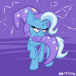 Size: 4133x4133 | Tagged: safe, artist:maxytoon, trixie, pony, unicorn, g4, blue, cape, clothes, colored, constellation, female, flat colors, hat, magic, mare, purple, smiling, solo, stars, trixie's cape, trixie's hat