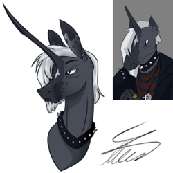 Size: 2000x2000 | Tagged: safe, artist:crystalcontemplator, oc, oc only, unicorn, anthro, bust, choker, clothes, duo, high res, horn, male, signature, simple background, spiked choker, unicorn oc, white background