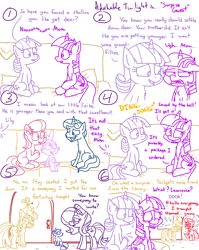 Size: 4779x6013 | Tagged: safe, artist:adorkabletwilightandfriends, lily, lily valley, moondancer, night light, spike, starlight glimmer, surprise, twilight sparkle, twilight velvet, oc, oc:lawrence, oc:pinenut, alicorn, cat, dragon, earth pony, pony, unicorn, comic:adorkable twilight and friends, g4, adorkable, adorkable twilight, awkward smile, blushing, butt, clapping, clothes, comic, conversation, couch, cute, dad, dating, door, doorbell, dork, embarrassed, family, female, guest, holiday, lilybetes, living room, love, male, mom, mother and child, mother and daughter, mothers gonna mother, parent, pillow, plot, simpsons did it, sitting, slice of life, smiling, steamed hams, sweat, sweater, talking, thanksgiving, that pony sure does want grandfoals, the simpsons, twilight sparkle (alicorn)