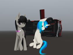 Size: 1200x900 | Tagged: safe, artist:styroponyworks, dj pon-3, octavia melody, vinyl scratch, earth pony, pony, unicorn, g4, car, sad, sitting