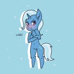 Size: 894x894 | Tagged: safe, artist:opurplemoon, trixie, pony, g4, belly button, bipedal, blushing, crossed arms, puffy cheeks, solo, starry background