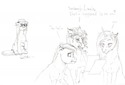 Size: 2000x1365 | Tagged: safe, artist:lady-limule, pony, unicorn, dialogue, glasses, hat, lineart, monochrome