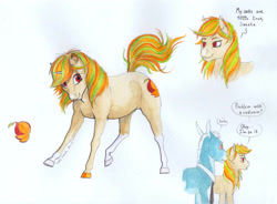 Size: 2000x1469 | Tagged: safe, artist:lady-limule, oc, oc only, pony, unicorn, bust, coat markings, colored hooves, dialogue, female, horn, mare, reference sheet, socks (coat markings), story included, unicorn oc