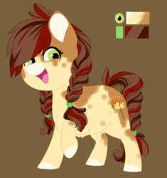 Size: 1352x1440 | Tagged: safe, artist:silentwolf-oficial, oc, oc only, oc:caramel, earth pony, pony, braid, braided tail, brown background, colored hooves, earth pony oc, open mouth, reference sheet, simple background, smiling, solo