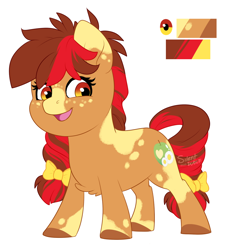 Size: 1020x1081 | Tagged: safe, artist:silentwolf-oficial, oc, oc only, earth pony, pony, bow, colored hooves, earth pony oc, freckles, hair bow, reference sheet, simple background, solo, tail bow