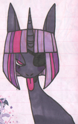 Size: 508x803 | Tagged: safe, artist:0lijmazz, twilight sparkle, pony, unicorn, g4, eyepatch, female, lined paper, mare, marker drawing, solo, tongue out, traditional art, unicorn twilight