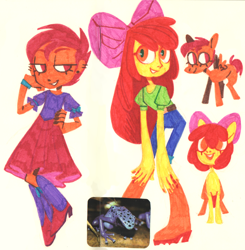 Size: 1280x1304 | Tagged: safe, artist:0lijmazz, apple bloom, scootaloo, frog, pony, equestria girls, g4, blouse, boots, clothes, dress, duo, ear piercing, earring, female, jeans, jewelry, mare, pants, piercing, shoes, skirt, traditional art