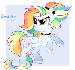 Size: 2810x2635 | Tagged: safe, artist:mint-light, oc, oc only, pegasus, pony, choker, colored hooves, commission, ear piercing, earring, eyelashes, high res, jewelry, multicolored hair, pegasus oc, piercing, rainbow hair, rearing, signature, simple background, smiling, smirk, solo, transparent background, wings, ych result