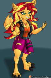 Size: 1500x2300 | Tagged: safe, artist:novaspark, sunset shimmer, werewolf, wolf, anthro, digitigrade anthro, equestria girls, g4, breasts, busty sunset shimmer, claws, clothes, fangs, female, implied transformation, smiling, solo, species swap, torn clothes, transformation, wolfified