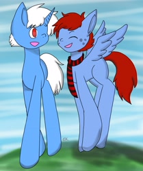 Size: 2448x2929 | Tagged: safe, artist:galacticaries, oc, oc only, pegasus, pony, unicorn, duo, freckles, high res, horn, necktie, pegasus oc, smiling, unicorn oc, wings