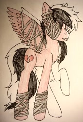 Size: 2354x3457 | Tagged: safe, artist:galacticaries, oc, oc only, pegasus, pony, bandage, heartbreak, high res, pegasus oc, raised hoof, solo, traditional art, wings