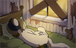 Size: 1611x1009 | Tagged: safe, artist:crimmharmony, oc, oc only, oc:115, earth pony, pony, barricade, bed, bedroom, colored sketch, looking away, lying down, male, solo, sunlight, teddy bear