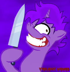 Size: 772x794 | Tagged: safe, artist:twilight_memes, oc, oc only, oc:jão, pony, unicorn, base used, creepy, grin, horn, knife, logo, male, psycho, purple background, purple mane, simple background, smiling, solo, unicorn oc